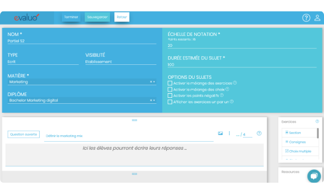 Paramétrage d'un examen